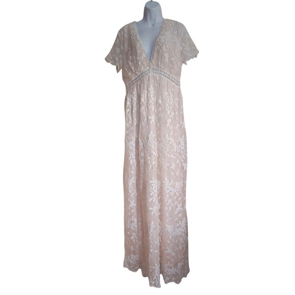 Baltic Born Boho Lace Dress Nude Mesh Floral Embroidered Romantic Bridal Beach L - Picture 1 of 16